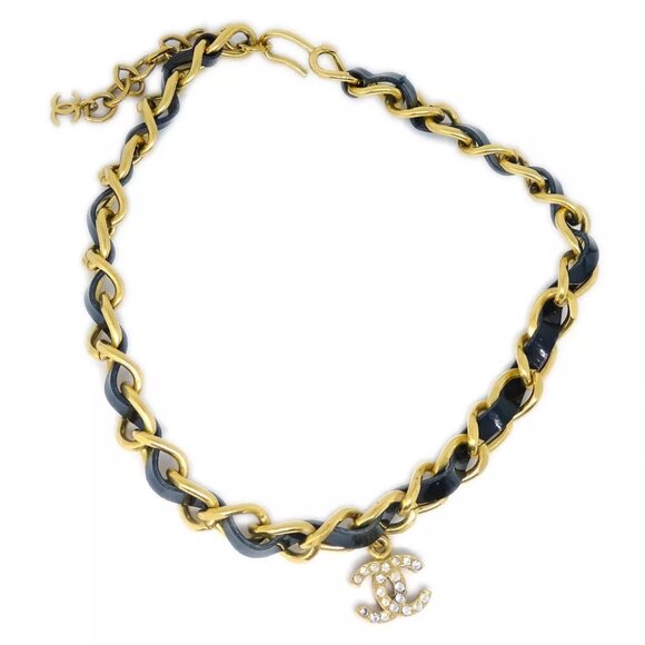 Chanel CC Rhinestone Pendant Necklace Gold Black 96P - Picture 1 of 4
